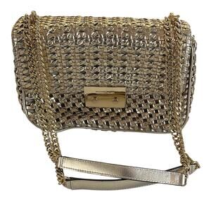 B39 MICHAEL KORS Crossbody Shoulder Bag Metallic Chain Strap Gold 7"Hx10"Wx3.5"D